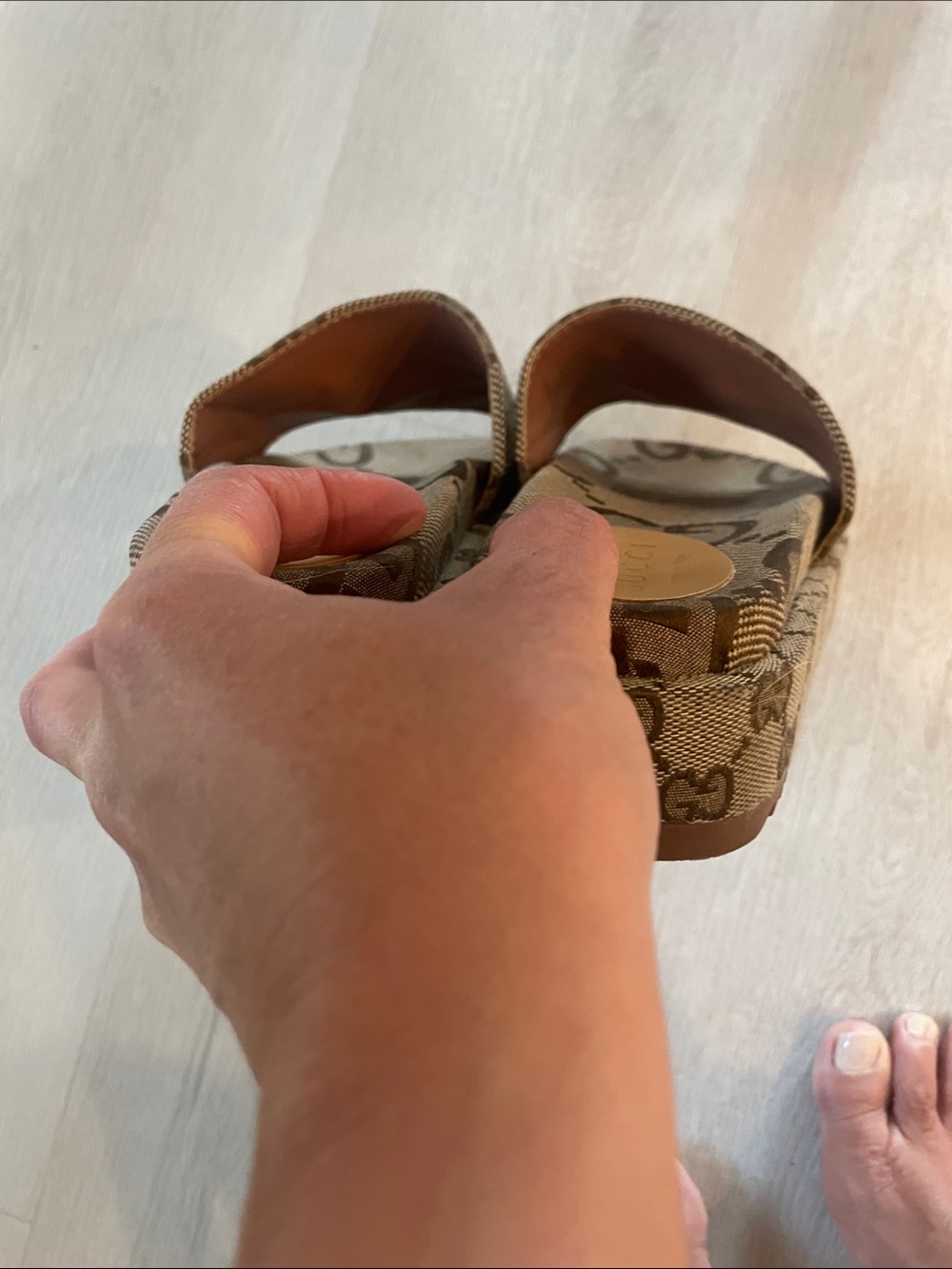 Brown and tan slide sandals. - Picture 7 of 7